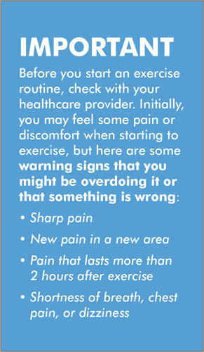 Check with your healthcare provider before starting an exercise routine. Here are some warning signs that you might be overdoing it. - Osteoarthritis Action Alliance